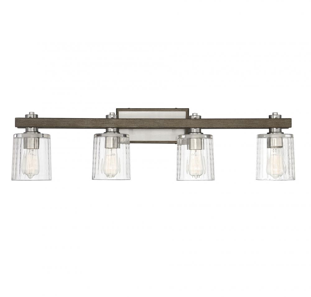 Halifax 4-Light Bathroom Vanity Light in Satin Nickel with Gray Wood