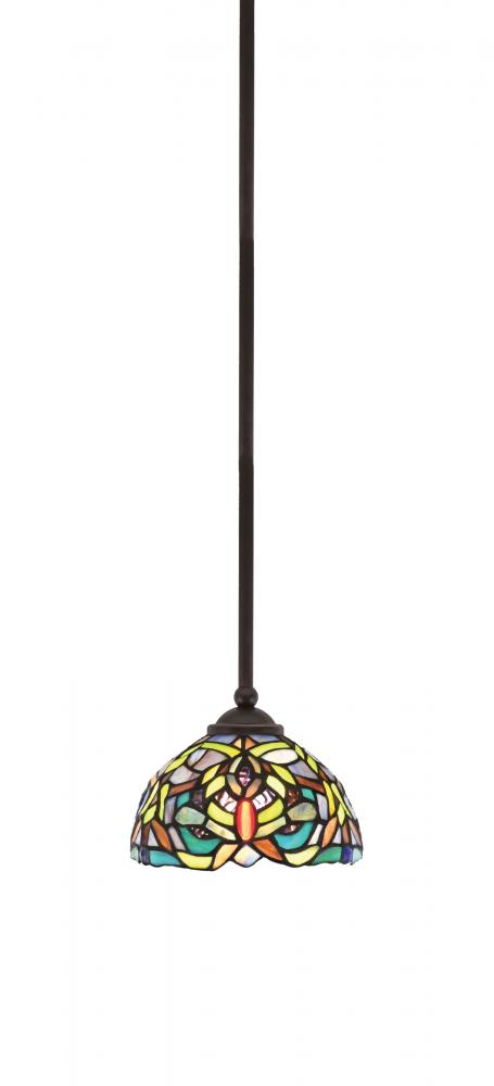 Zilo Stem Hung Mini Pendant, Dark Granite Finish, 7" Kaleidoscope Art Glass