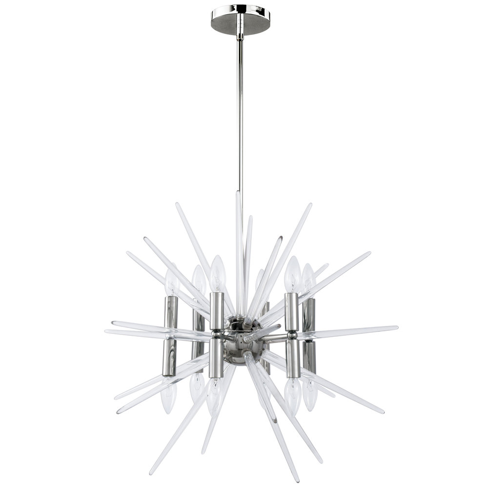 12 Light Incandescent Chandelier, Polished Chrome Finish with Clear Acrylic Spikes