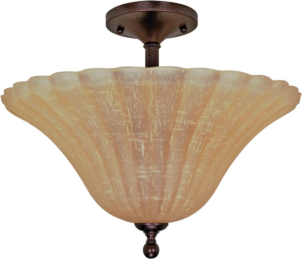 3-Light 16" Copper Bronze Semi Flush Ceiling Light Fixture with Champagne Linen Washed Glass