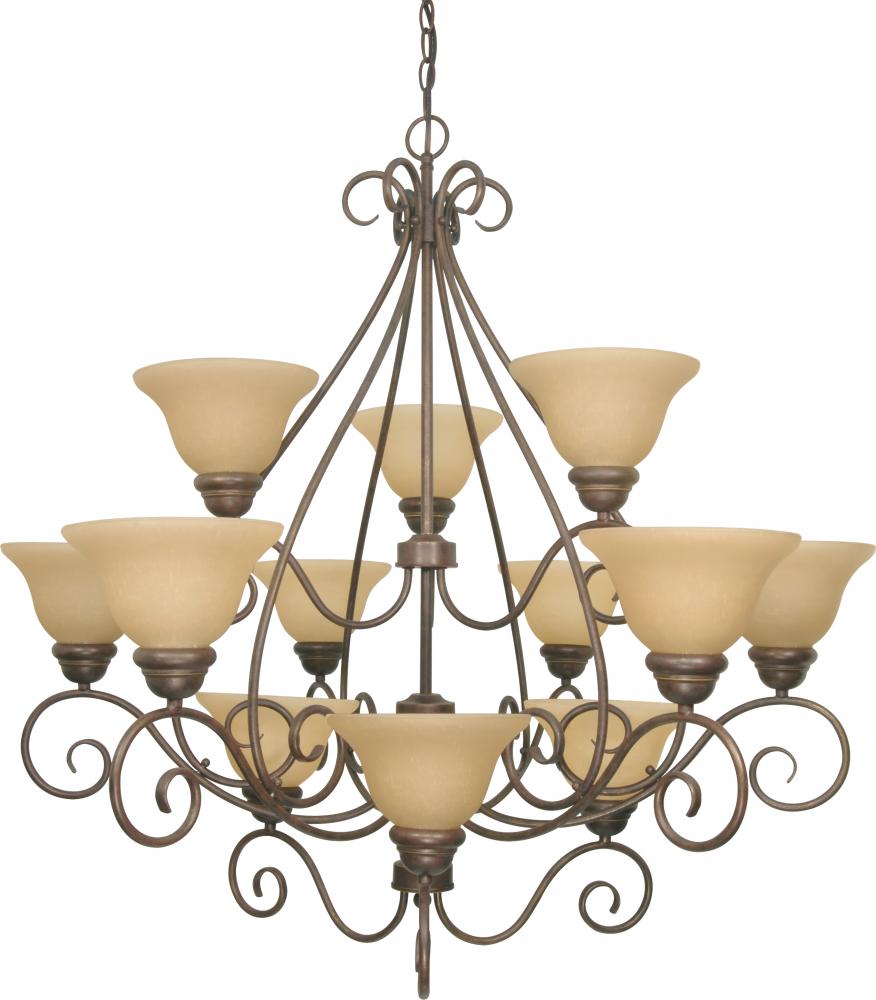 Castillo; 12 Light; 38 in.; Chandelier; 3 Tier with Champagne Linen Washed Glass