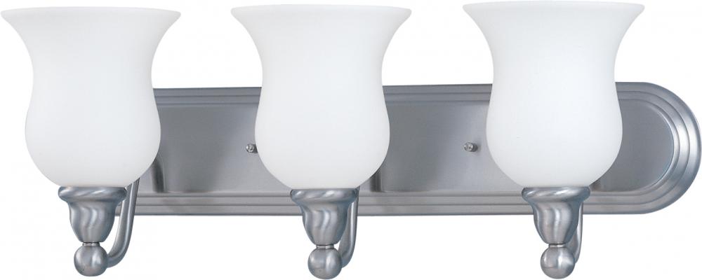 3-Light Wall Mounted Vanity Light Fixture in Brush Nickel Finish and White Satin Glass