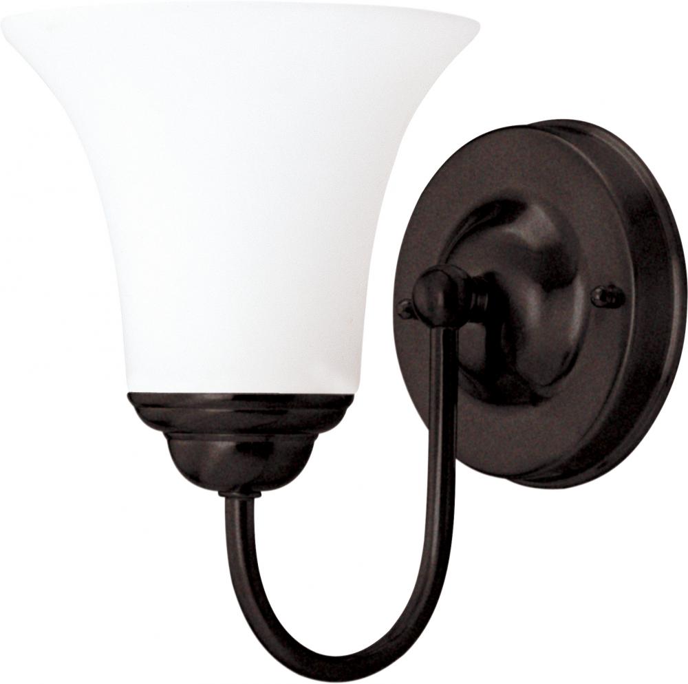 1-Light Vanity Fixture in Dark Chocolate Bronze and White Satin Glass and (1) 13W GU24 Bulb Included