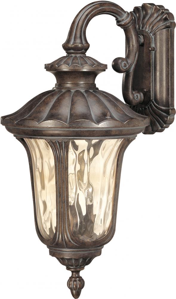 3-Light Large Outdoor Wall Lantern (Arm Down) in Fruitwood Finish and Amber Water Glass