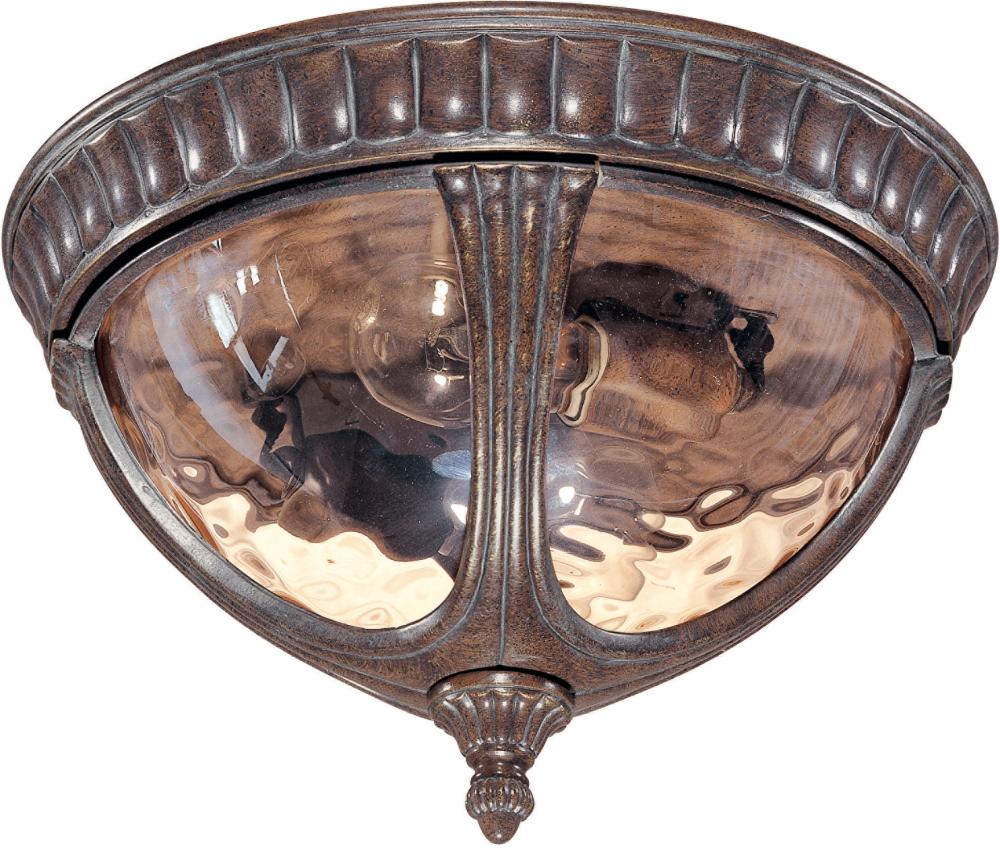 2-Light Flush Mount Outdoor Ceiling Light in Fruitwood Finish and Amber Water Glass