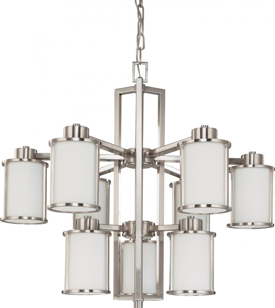 9-Light 2-Tier Large Chandelier in Brushed Nickel Finish with White Satin Glass and (9) 13W GU24