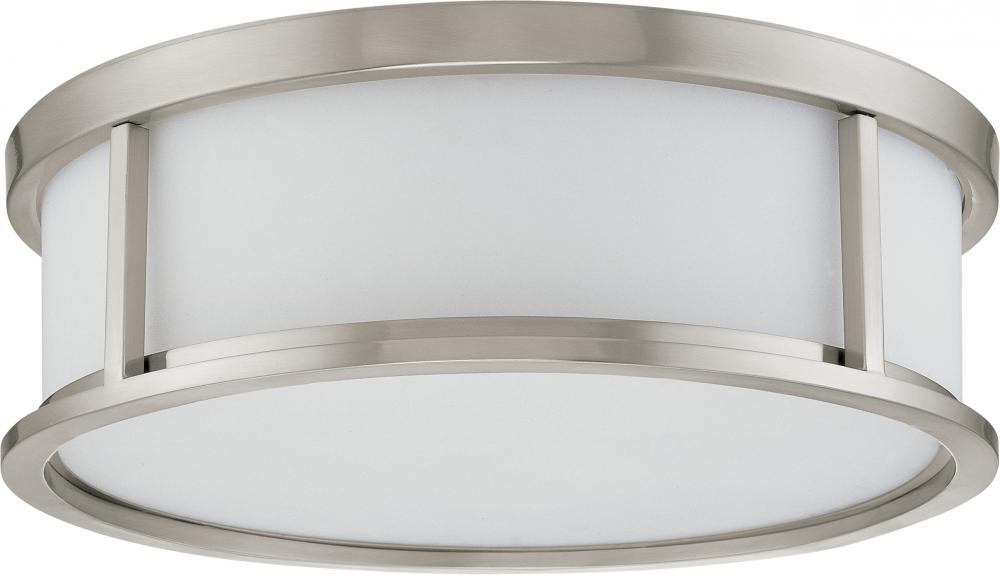 3-Light Medium Flush Mount Ceiling Light in Brushed Nickel Finish with White Satin Glass and (3) 13W