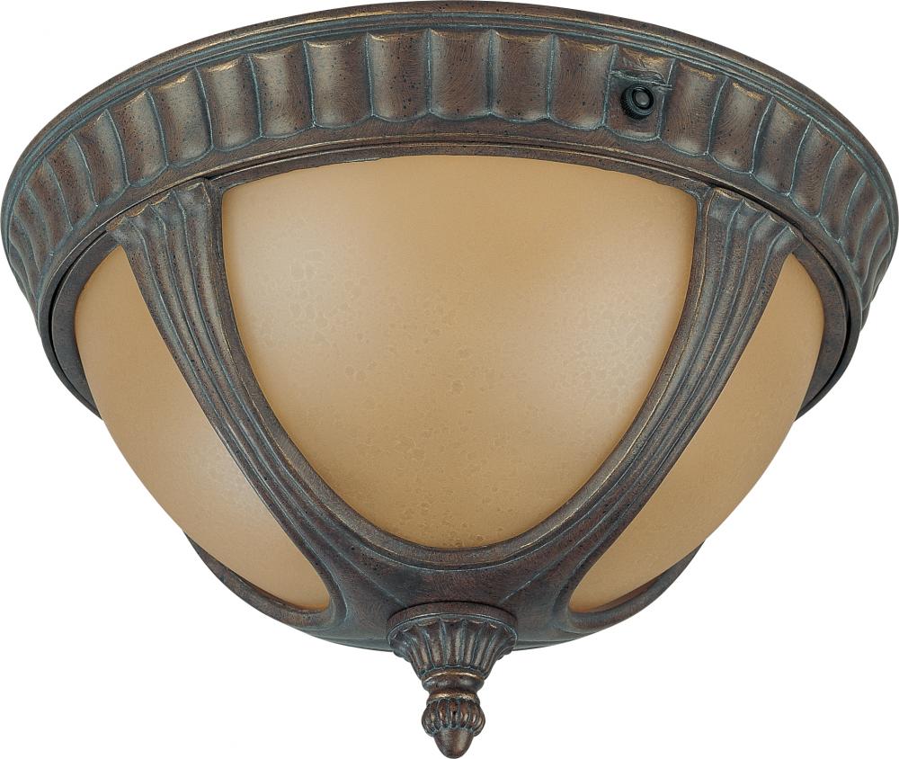 2-Light Flush Mount Outdoor Ceiling Light with Photocell in Fruitwood Finish with Sienna Glass and