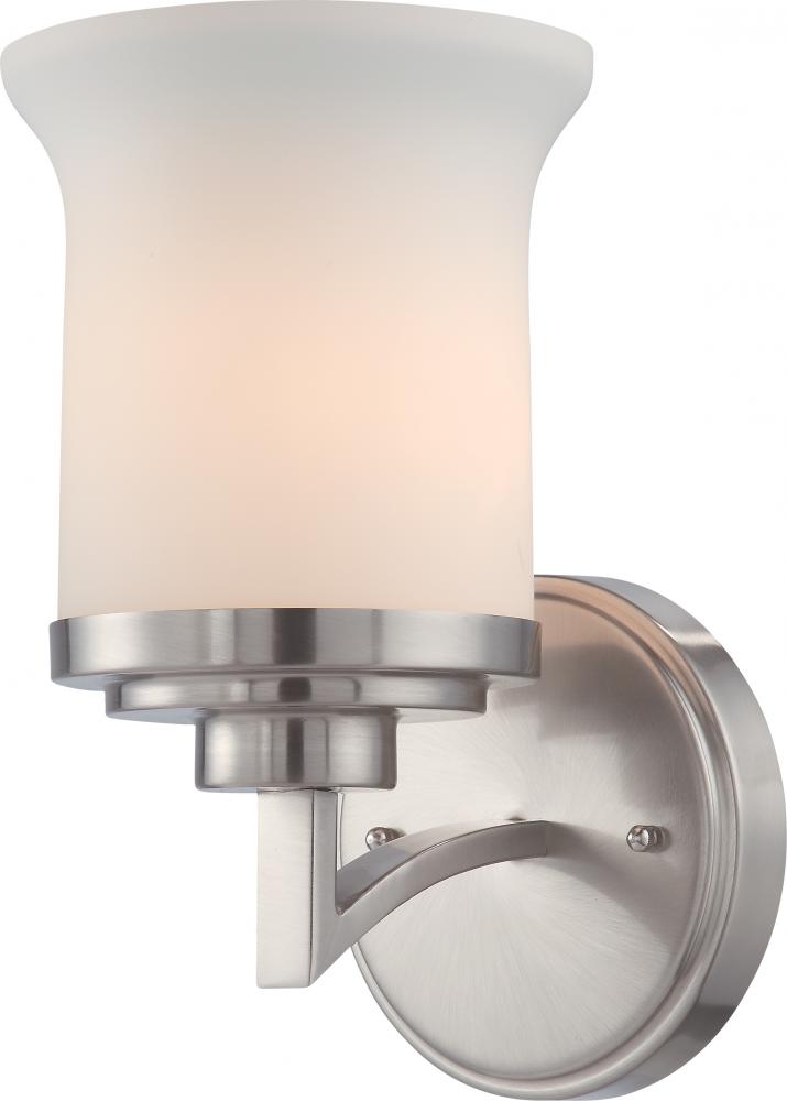 1-Light Vanity Light Fixture in Brushed Nickel Finish with White Satin Glass