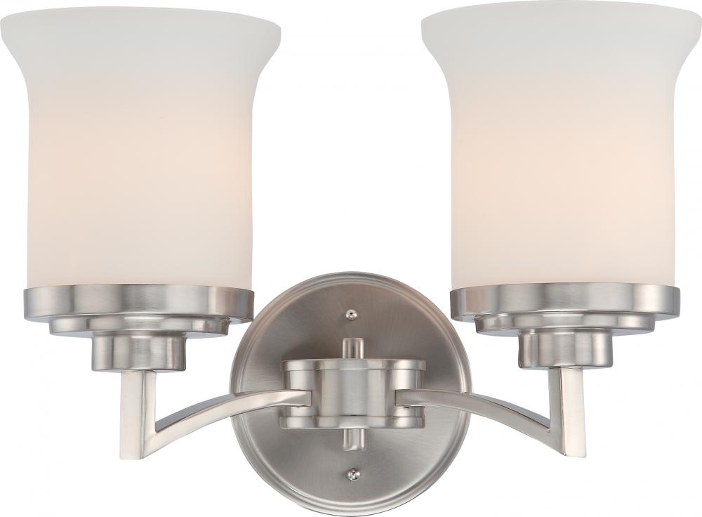 2-Light Vanity Light Fixture in Brushed Nickel Finish with White Satin Glass