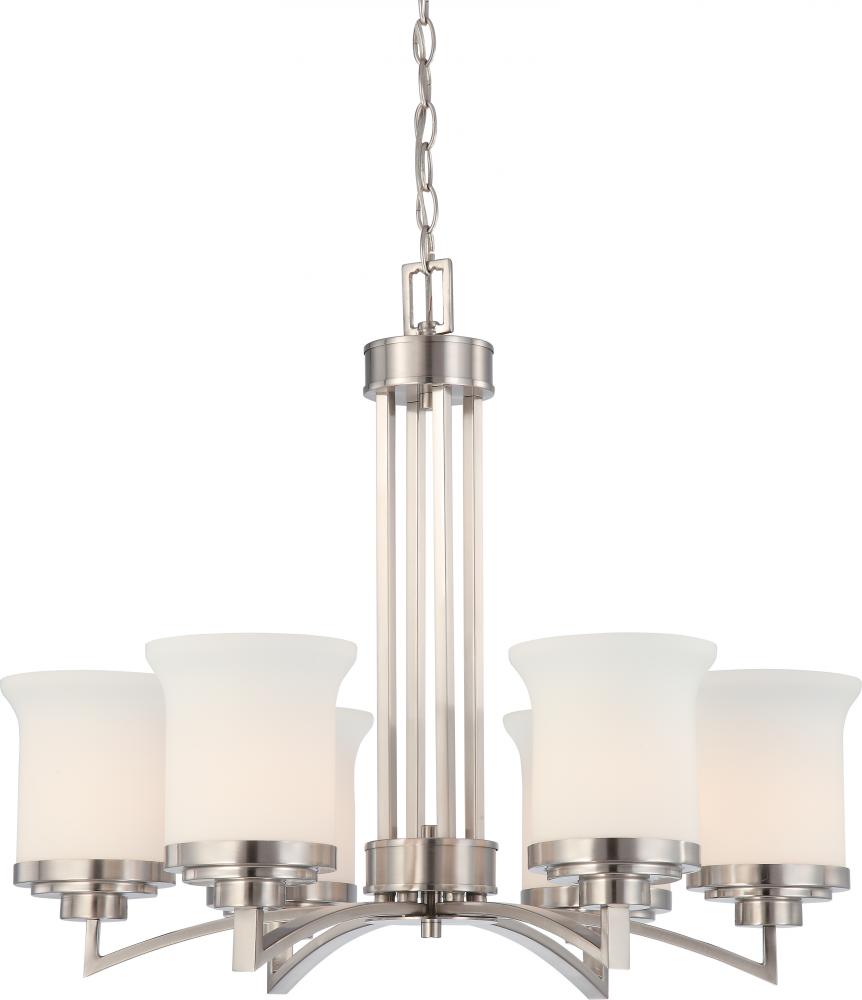 6-Light Chandelier in Brushed Nickel Finish with White Satin Glass