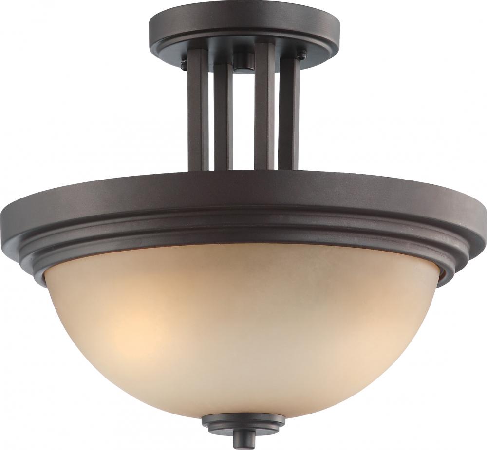 2-Light Semi Flush Mount Lighting Fixture in Dark Chocolate Bronze Finish with Saffron Glass