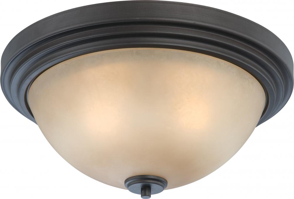 3-Light Flush Mount Lighting Fixture in Dark Chocolate Bronze Finish with Saffron Glass