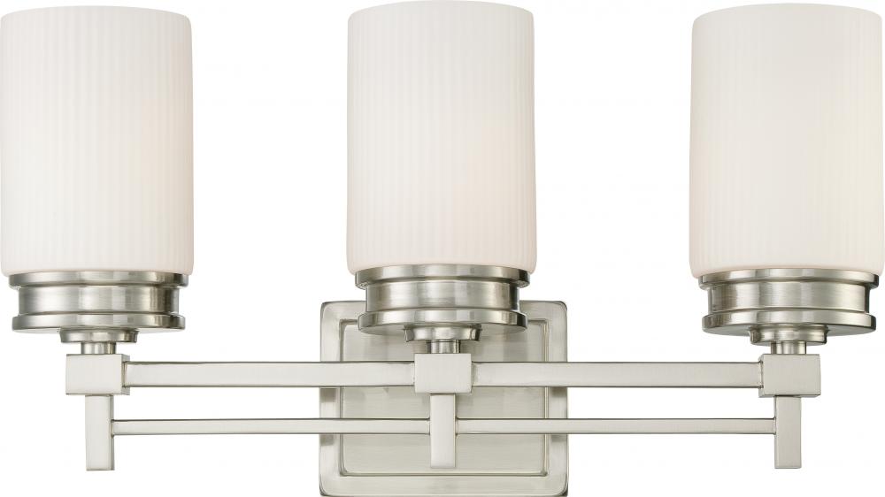 3-Light Vanity Light Fixture in Brushed Nickel Finish with White Satin Glass