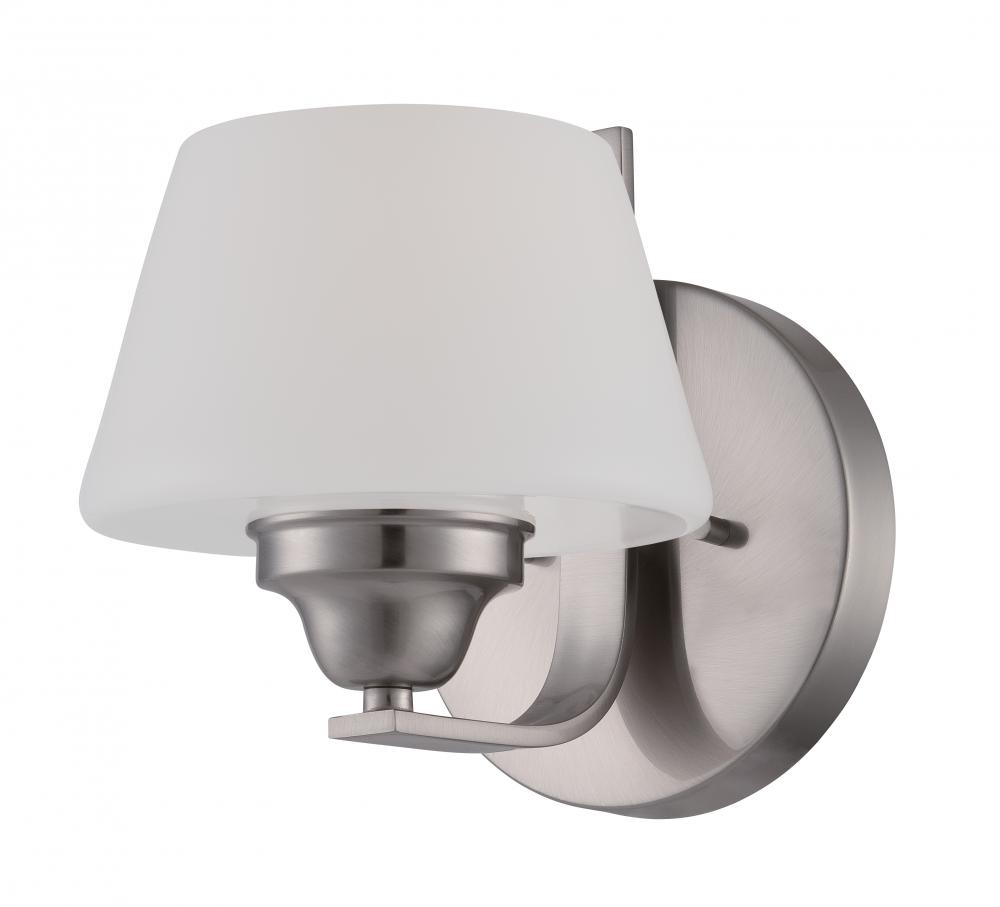 1-Light Wall Mounted Vanity Light in Brushed Nickel Finish with White Satin Glass