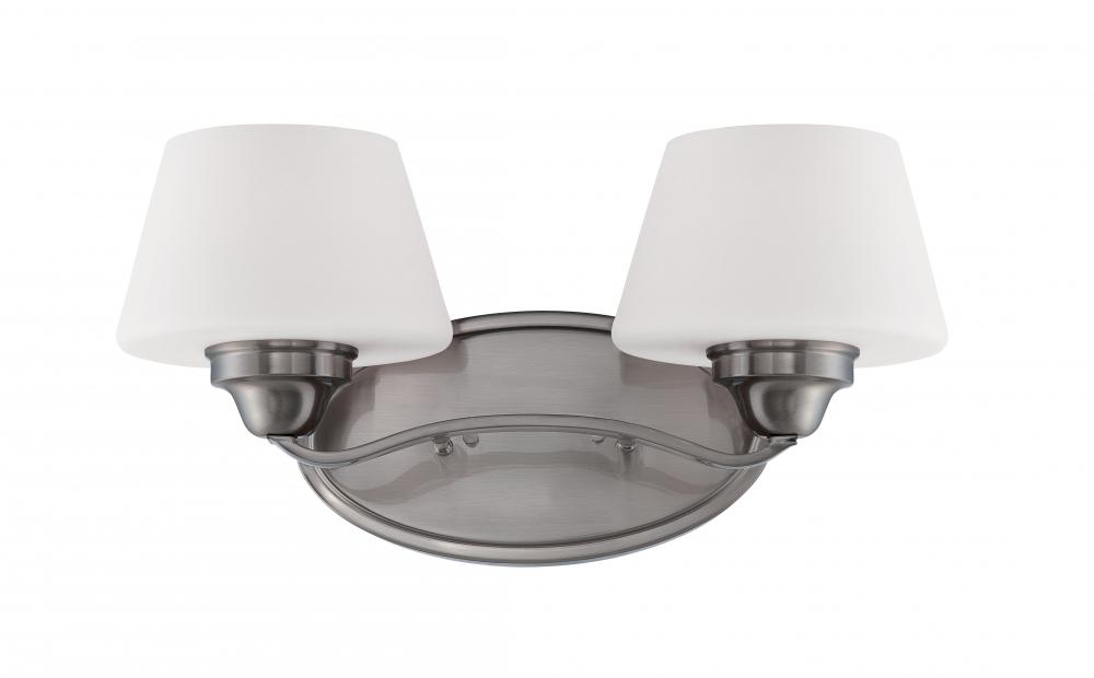 2-Light Wall Mounted Vanity Light in Brushed Nickel Finish with White Satin Glass