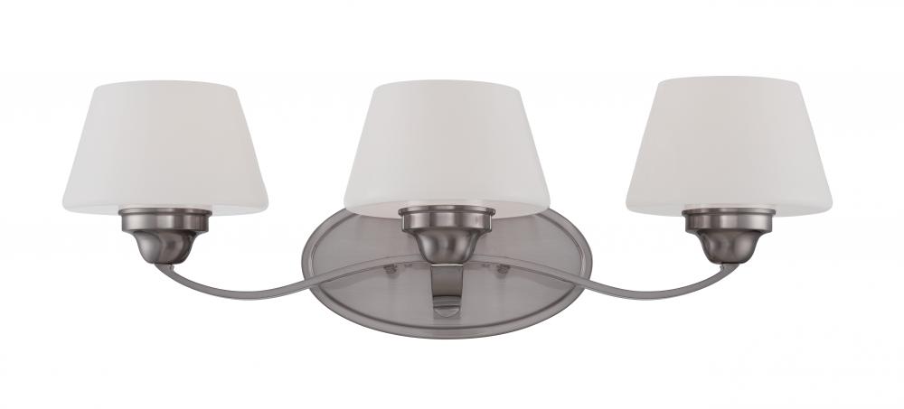 3-Light Wall Mounted Vanity Light in Brushed Nickel Finish with White Satin Glass