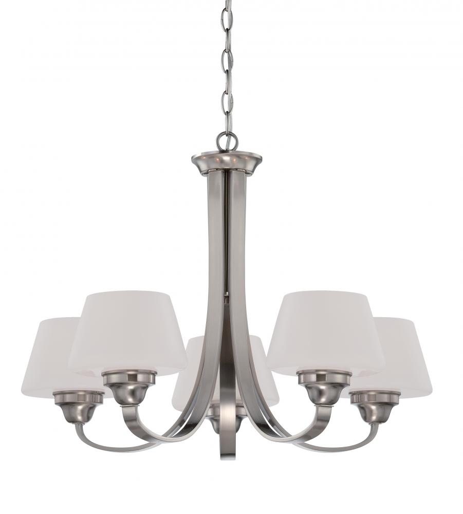 5-Light Brushed Nickel Chandelier with White Satin Glass