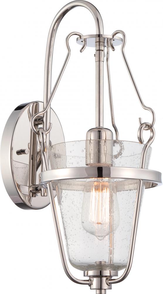 1-Light Wall Mounted Light Fixture in Polished Nickel Finish with Clear Seeded Glass