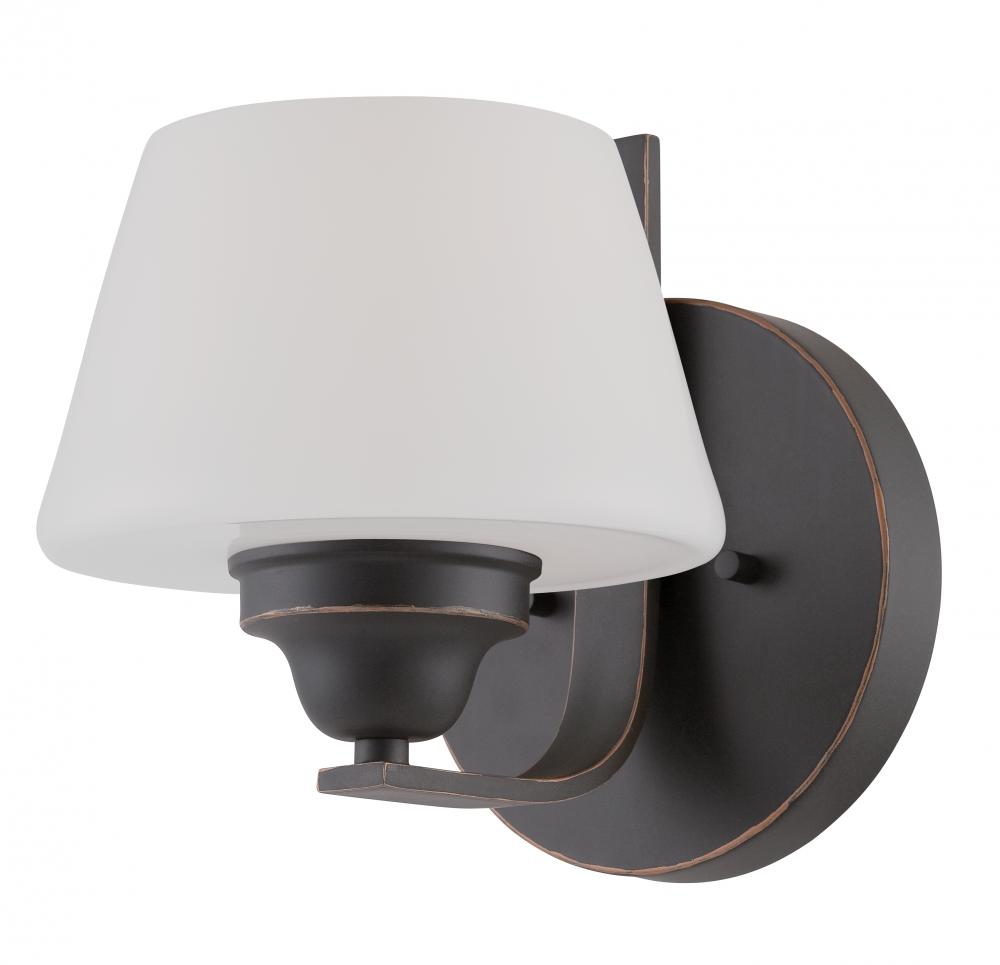 1-Light Wall Mounted Vanity Light in Russet Bronze Finish with Satin White Glass