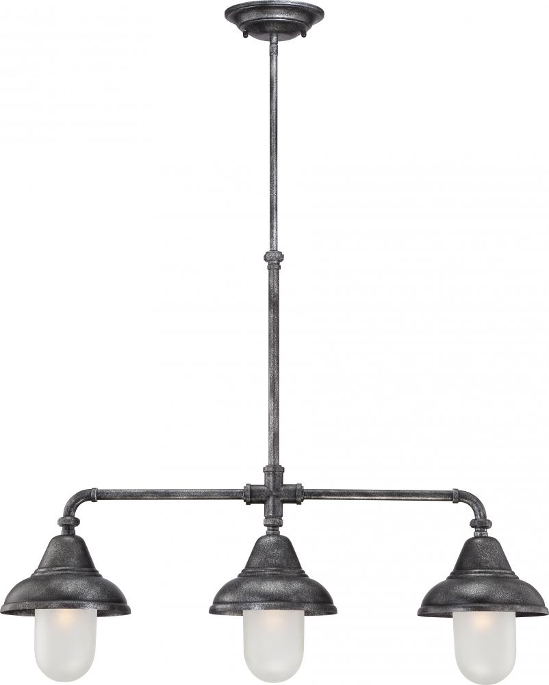 3-Light Island Pendant in Industrial Iron Finish with Frosted Glass