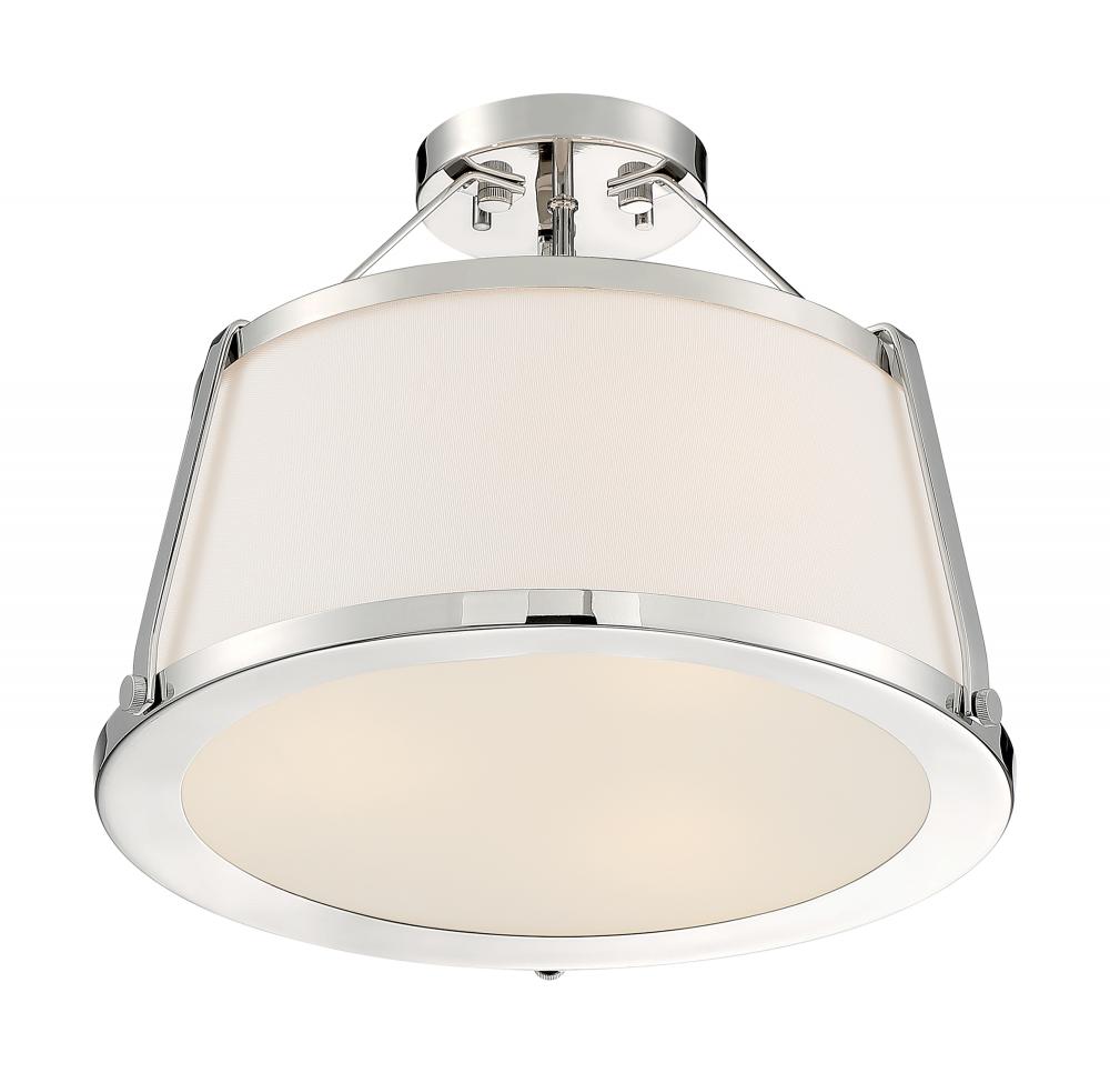 Cutty - 3 Light Semi-Flush with Fabric Shade - Polished Nickel Finish