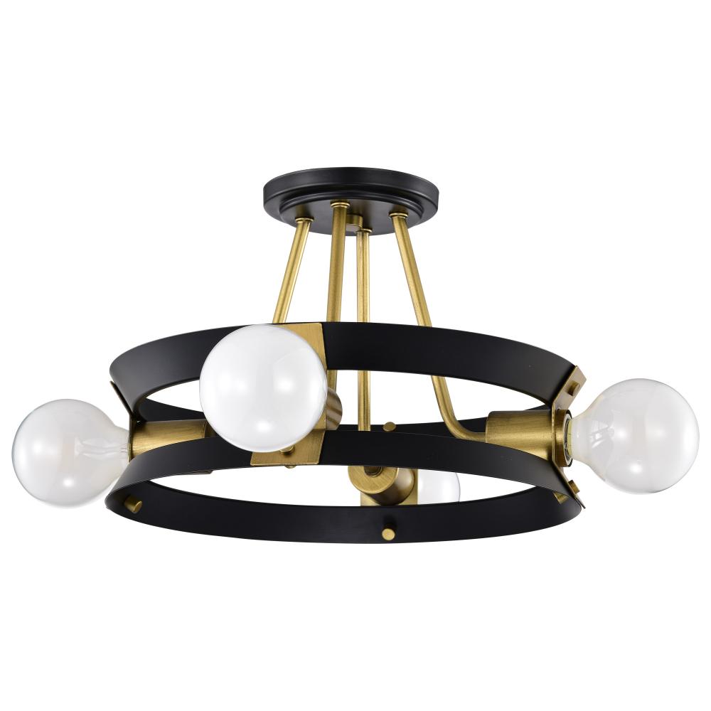 Marsden 4 Light Semi Flush; Matte Black and Natural Brass Finish