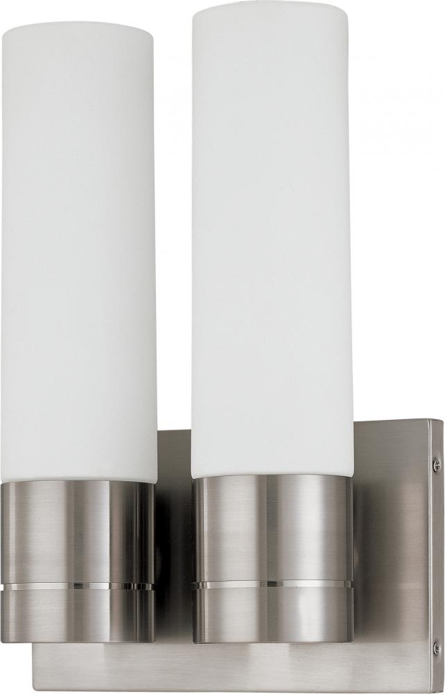 Link - 2 Light (Twin) LED Tube Wall Sconce with White Glass; Brushed Nickel Finish