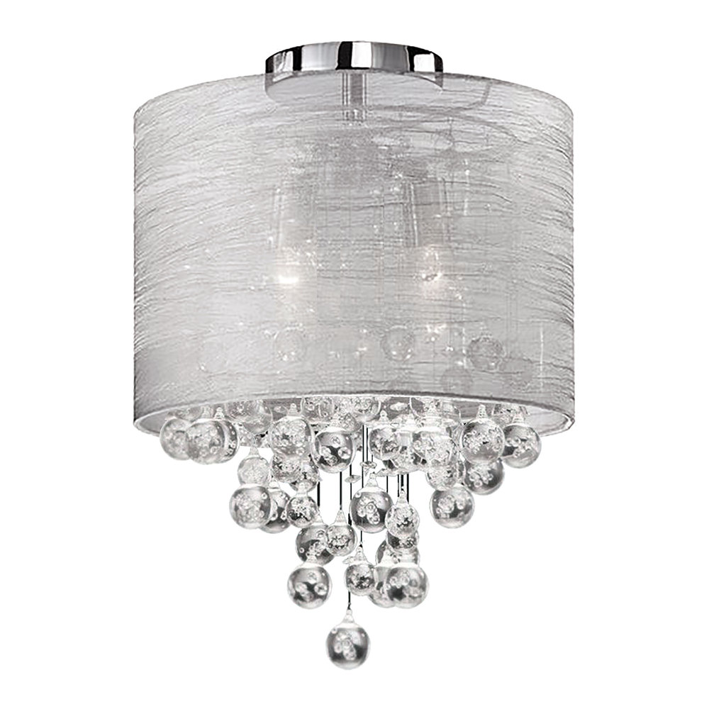 2 Light Incandescent Crystal Flush Mount Polished Chrome Finish with Silver Organza Shade