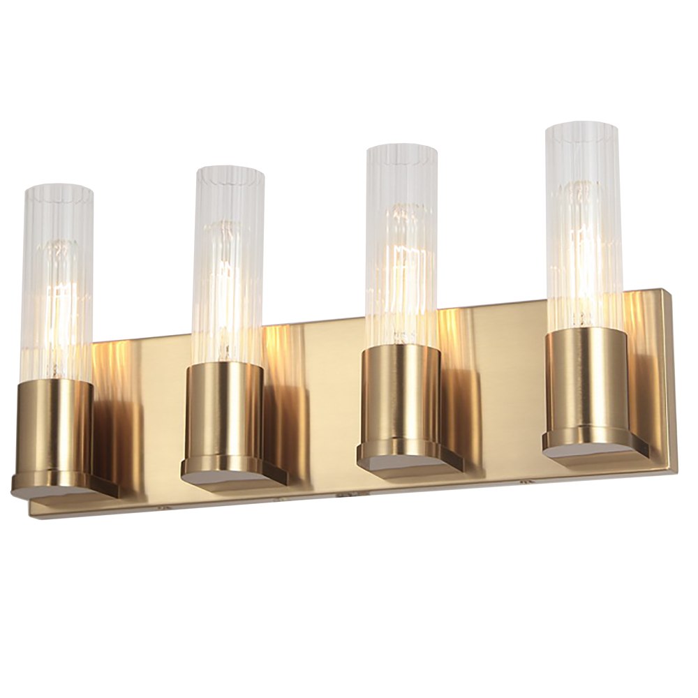 4 Light Incandescent Vanity, Aged Brass w/ Clear Fluted Glass