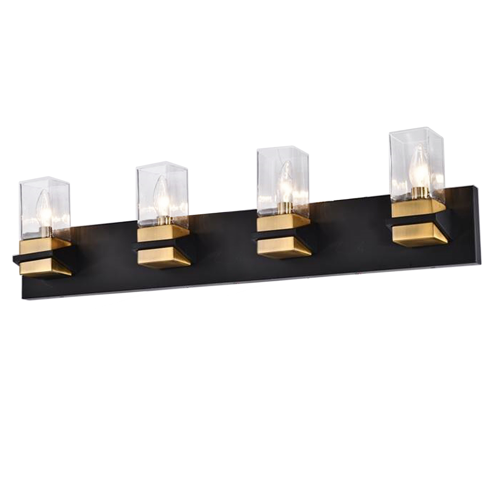 4 Light Incandescent Vanity, Matte Black & Aged Brass w/ Clear Glass